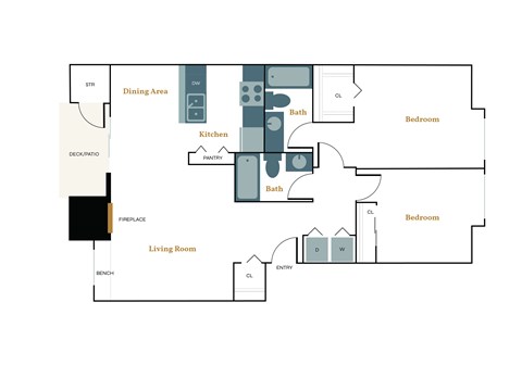Floor plan for 2 beds, 2 baths, 980 sqft
